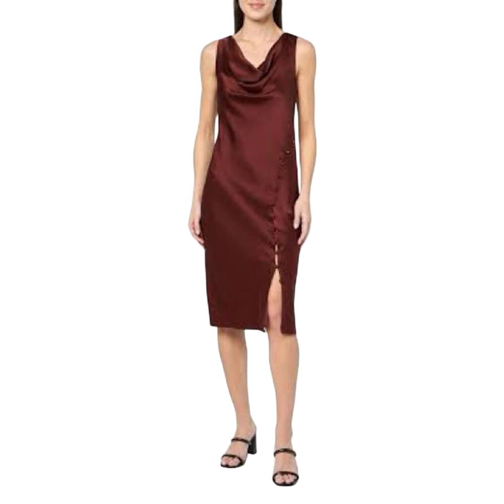 Trina Turk Kwame Hammered Satin Cowl Neck Button Detail Midi Sheath Dress size 2